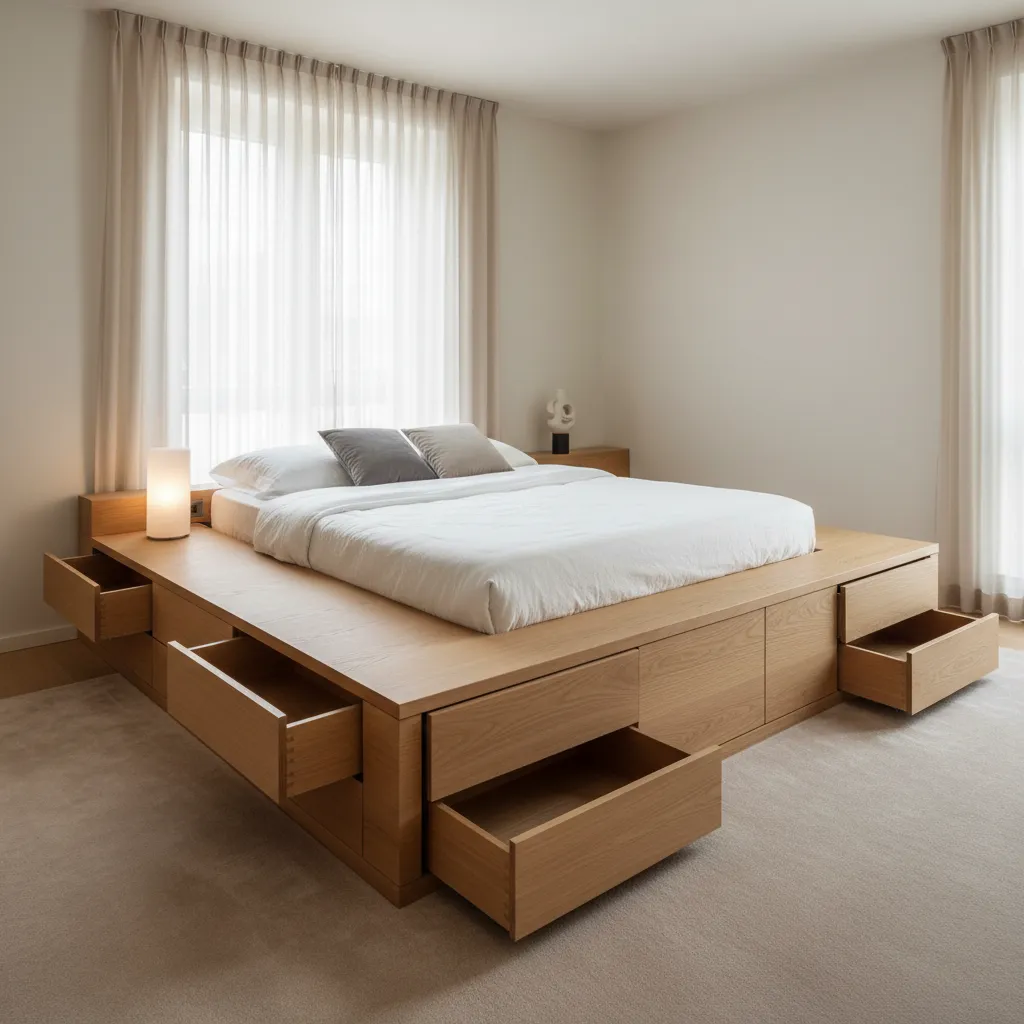 Minimalist wooden platform bed with open storage drawers featuring white bedding and soft natural light