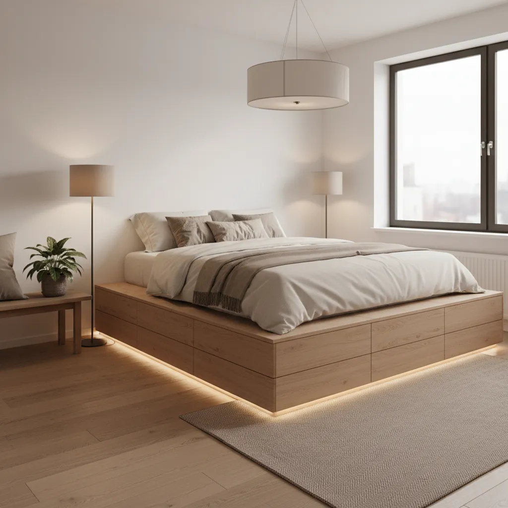 Platform bed with large drawers in compact studio apartment