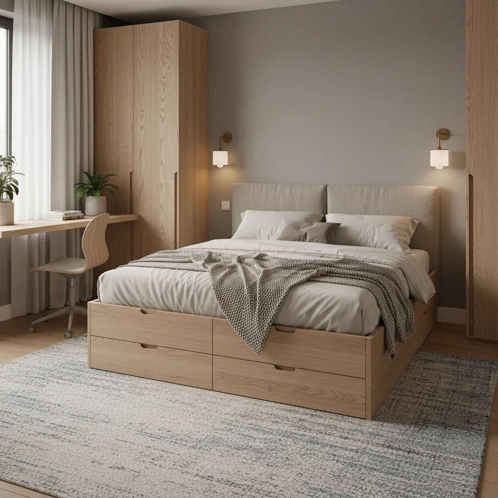 Platform bed with large storage drawers in compact bedroom