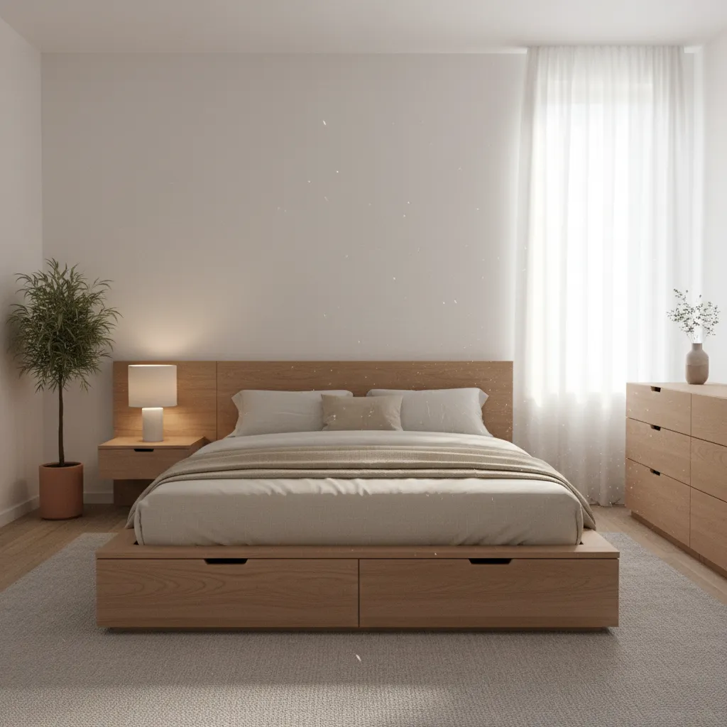 low platform bed with storage drawers in a compact bedroom