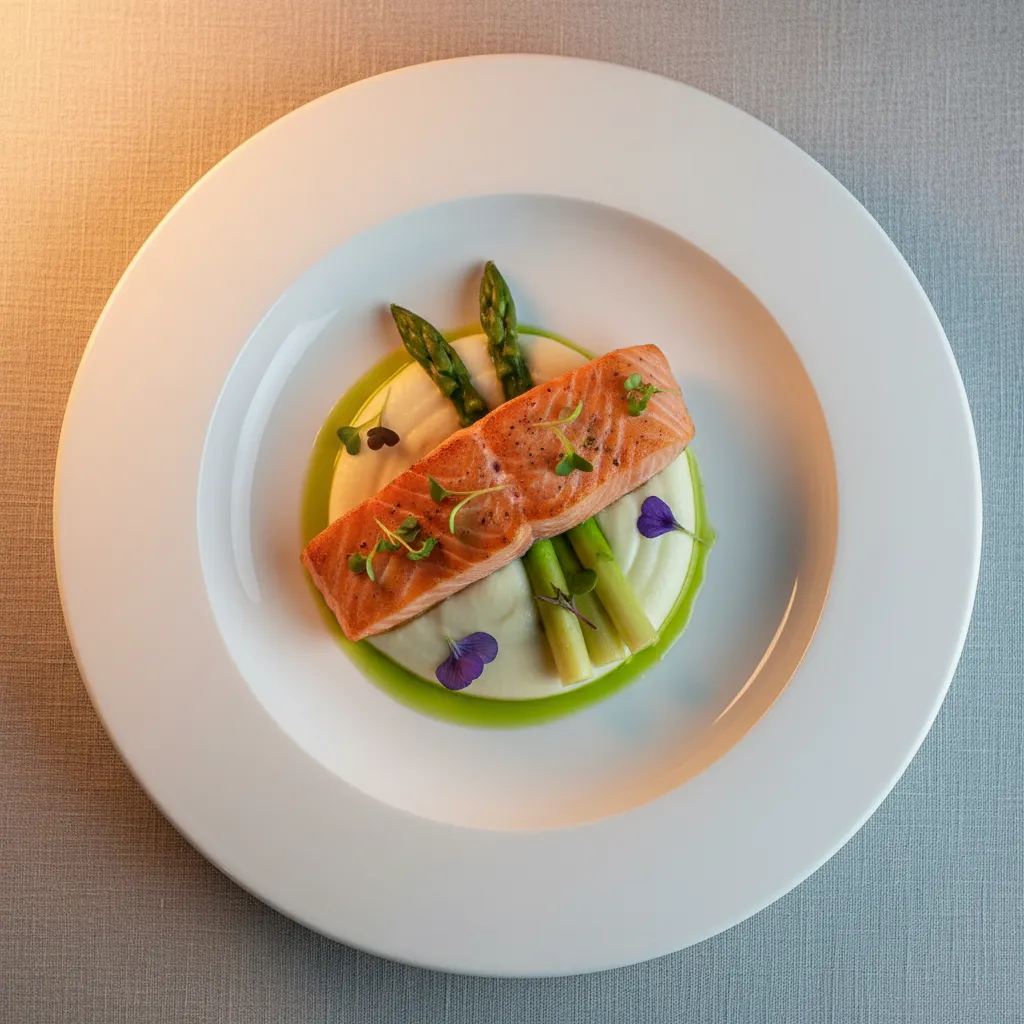 Plato moderno con salmón, puré y verduras presentado de forma elegante