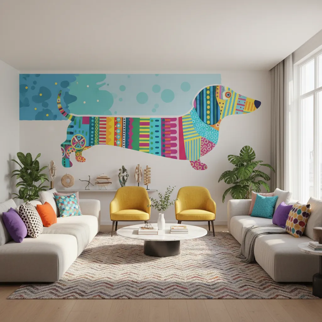 Colorful playful room with bold dachshund wall art and bright furniture