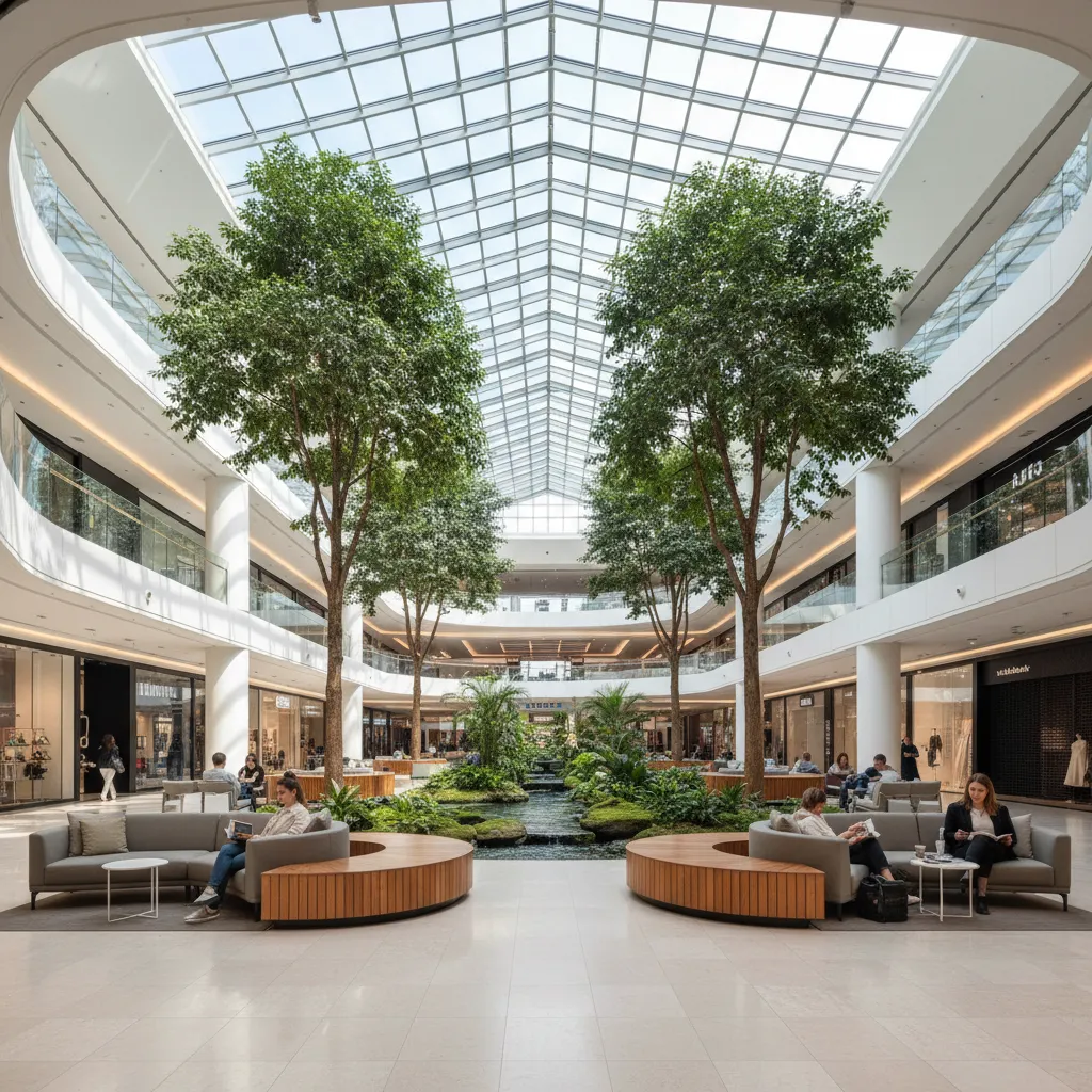 Plaza interior de centro comercial con árboles y áreas de descanso