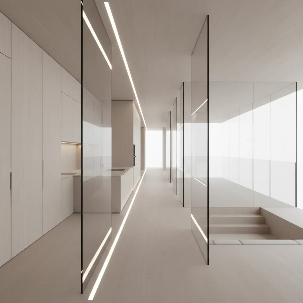 Modern hallway with glass walls light wood cabinets long strip light fixtures and small stairs