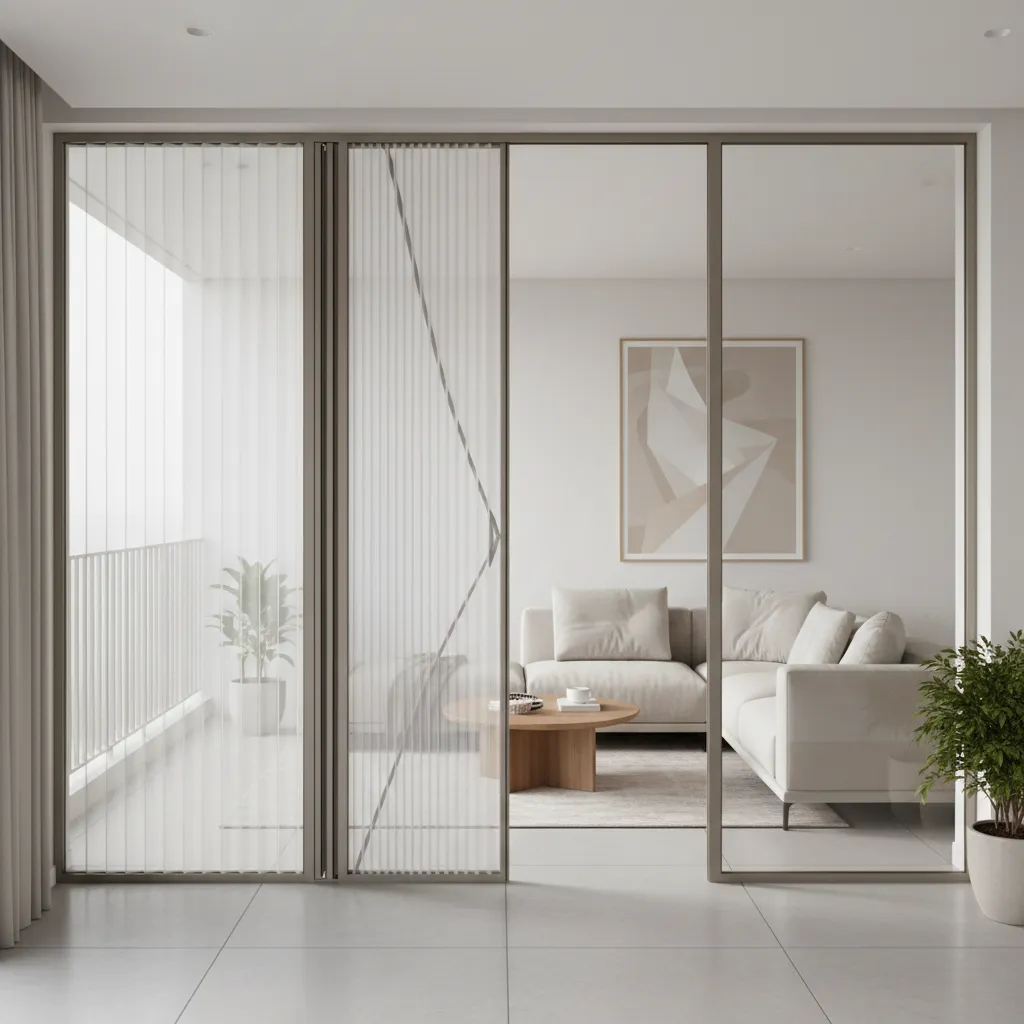 Pleated retractable mesh balcony door in minimalist apartment
