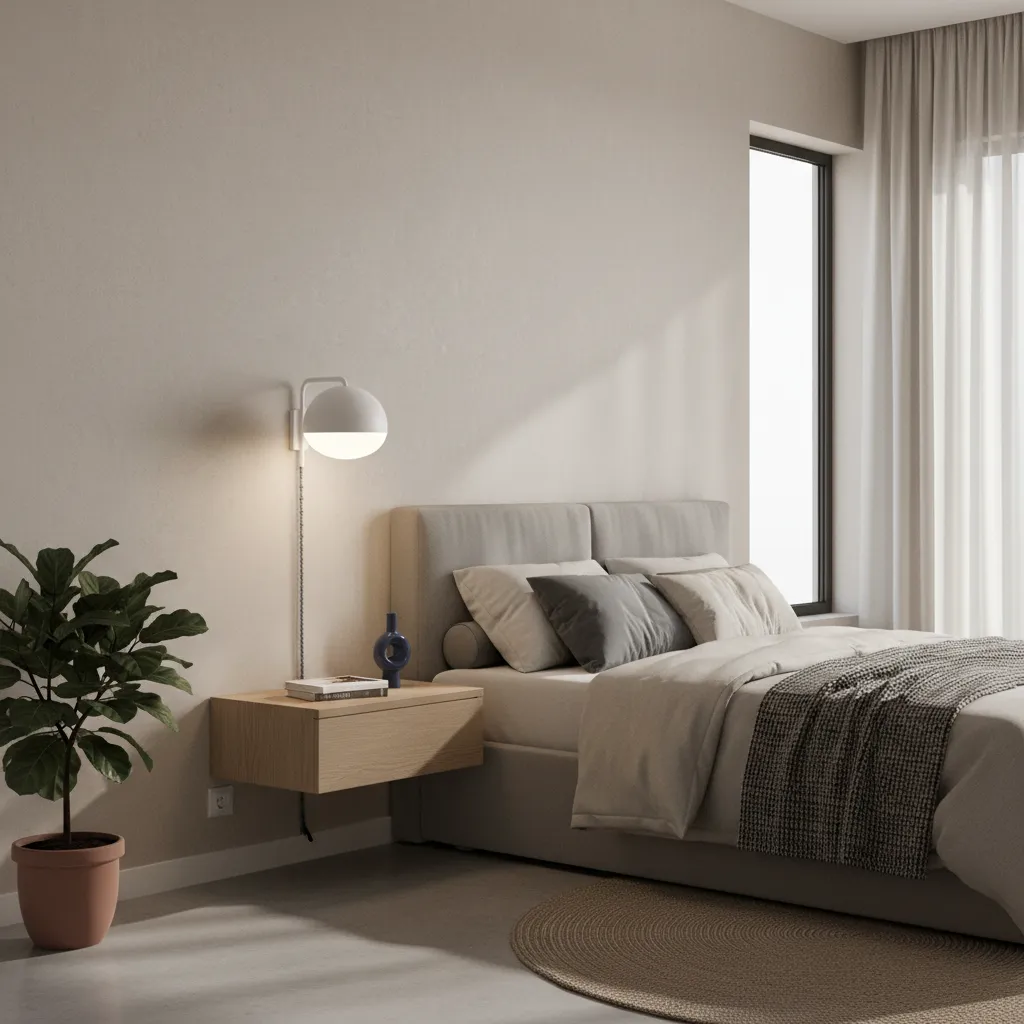 Bedroom wall with plug in sconce and visible cord above a nightstand