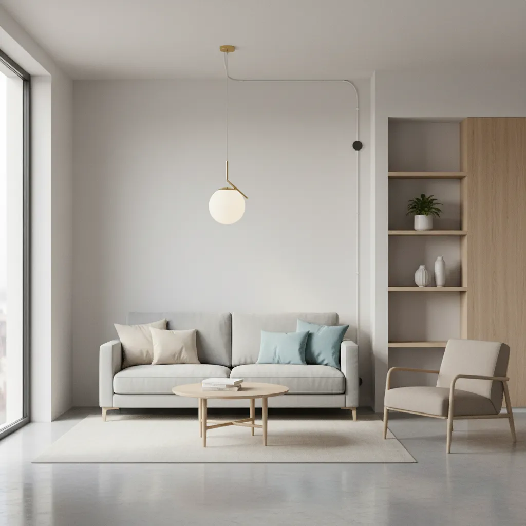 plug-in ceiling pendant light installed in small apartment with visible cord