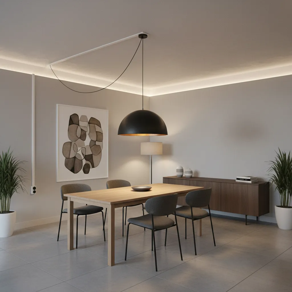 plug-in ceiling light hanging above dining table with cord routed across ceiling