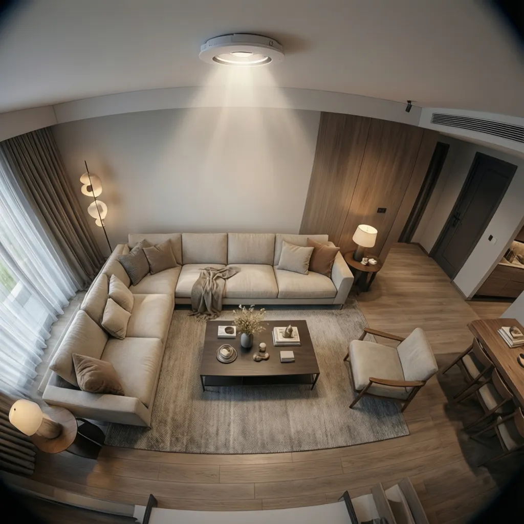 Interior layout showing proper placement of plug-in ceiling light over living room seating area