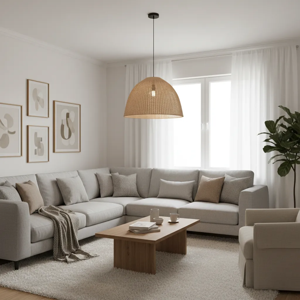 Living room with a plug in ceiling light positioned above seating area