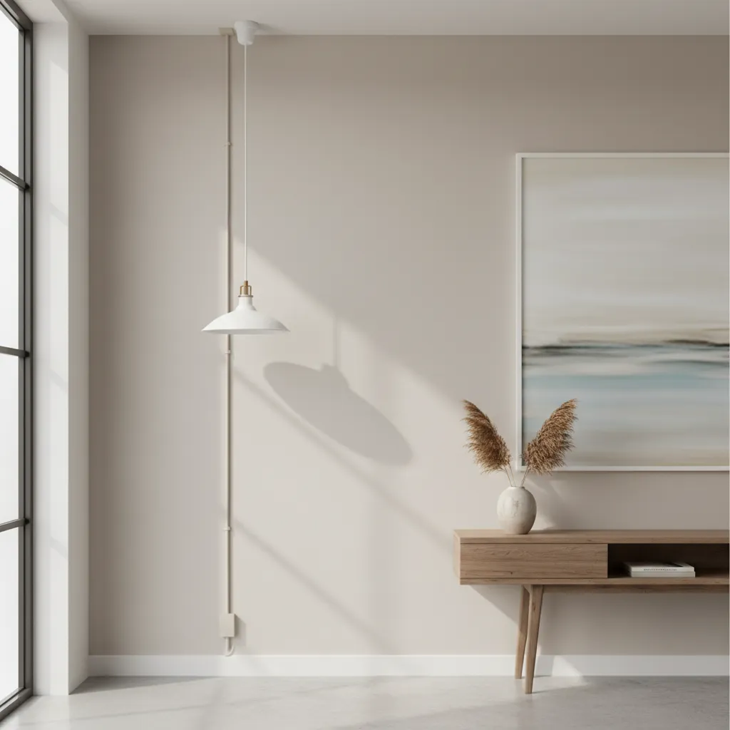 Wall with neatly managed plug-in ceiling light cord using cable covers