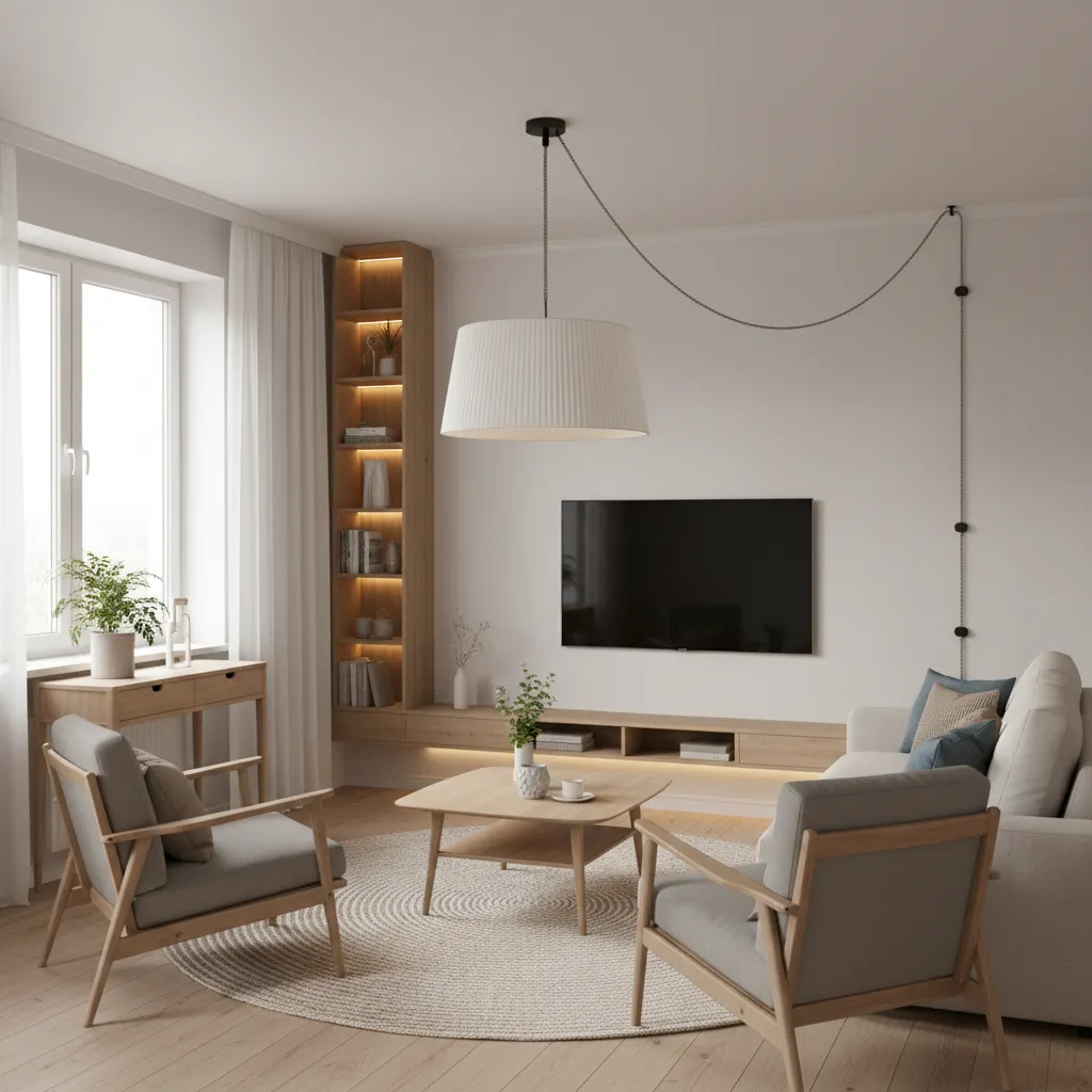 Living room with a plug-in ceiling pendant light hanging from a ceiling hook