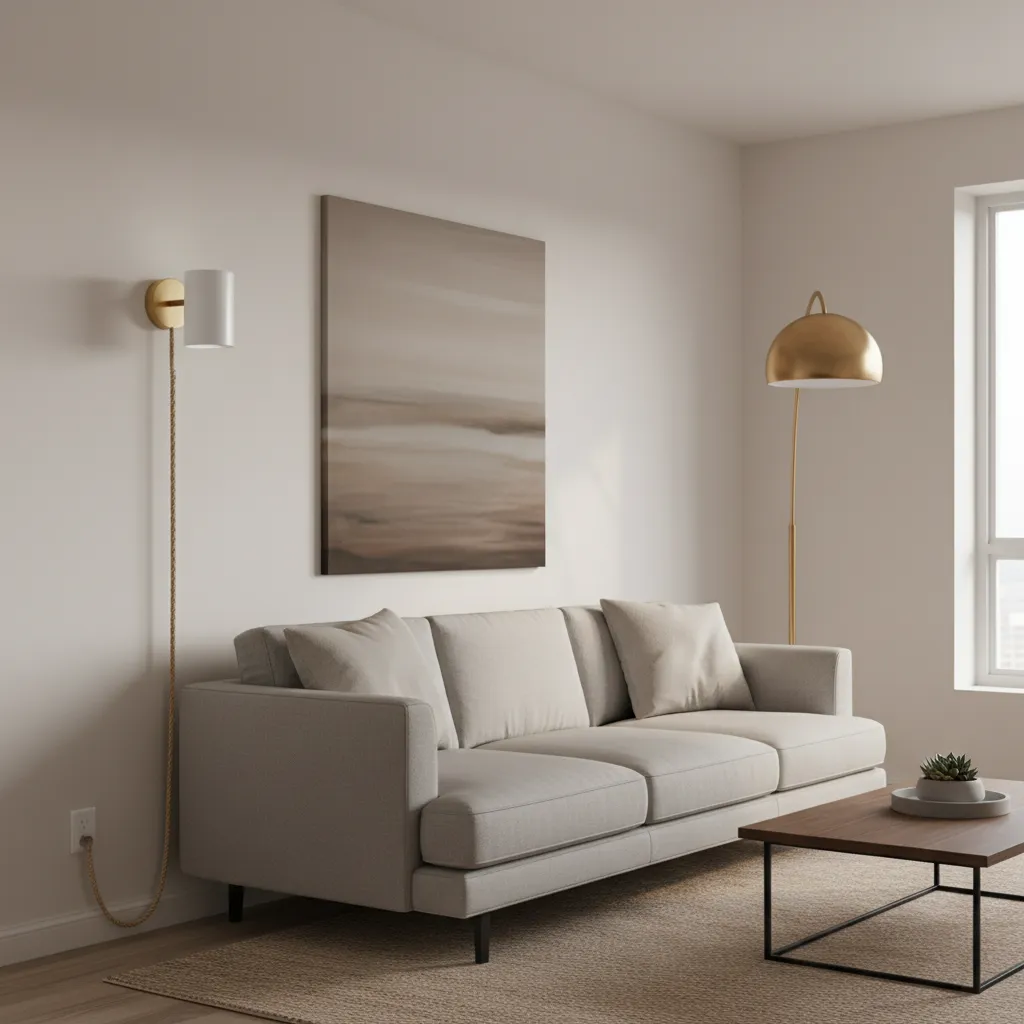 Plug-in wall sconce with cord installed beside a living room sofa