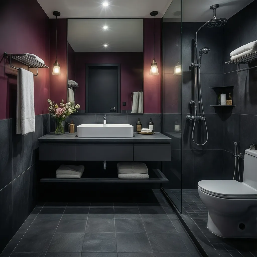 Dark gray bathroom with plum accent wall and modern fixtures