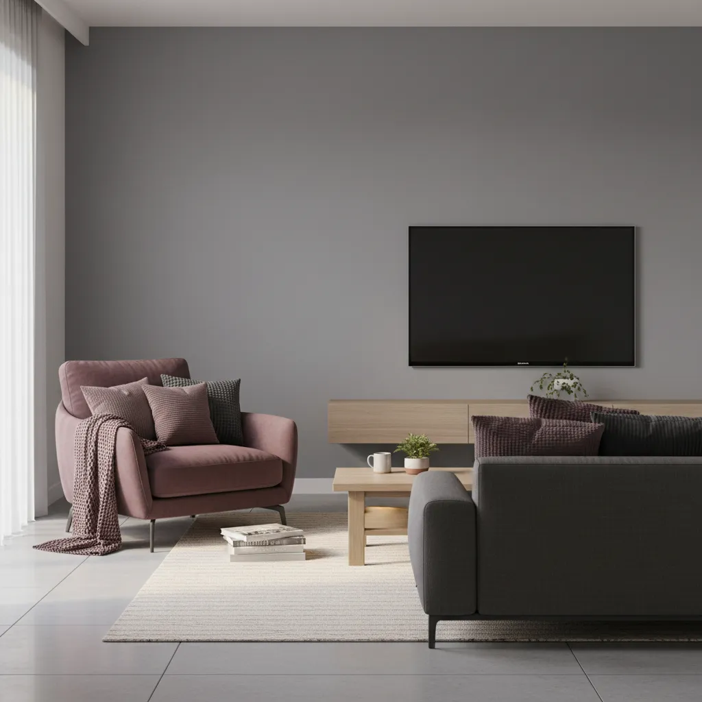 Plum armchair and accents in a mid grey living room