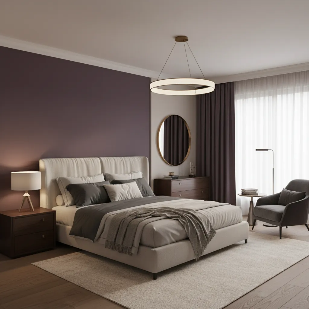 Deep plum accent wall behind bed in elegant bedroom interior