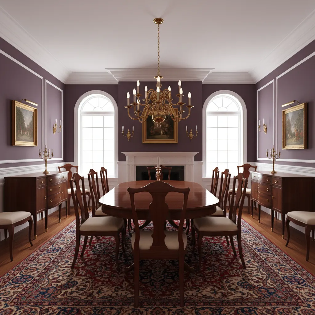 Colonial dining room with deep plum walls and mahogany furniture