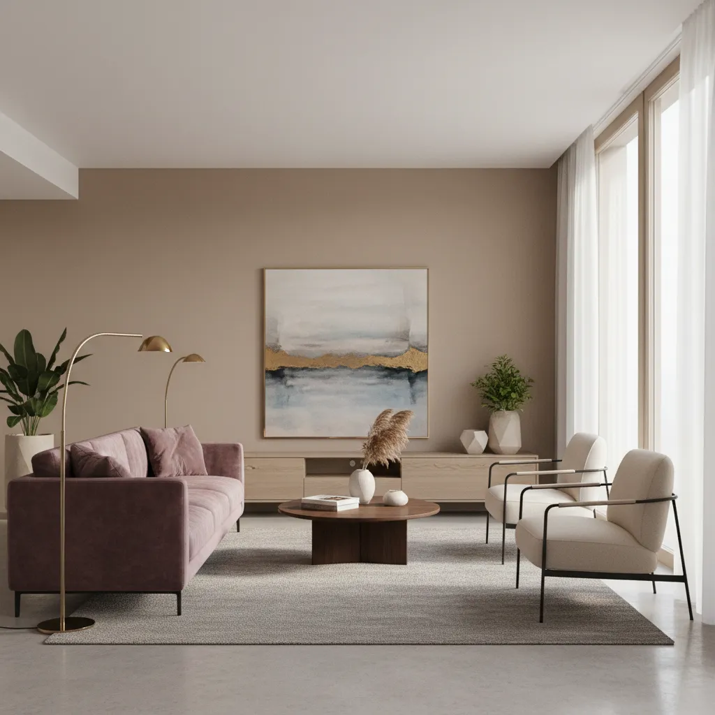 Living room with plum sofa and neutral walls demonstrating balanced purple palette