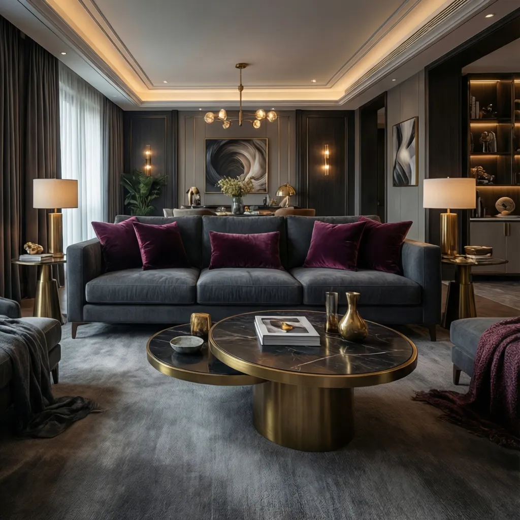 Dark gray sofa with plum velvet pillows in a dramatic living room