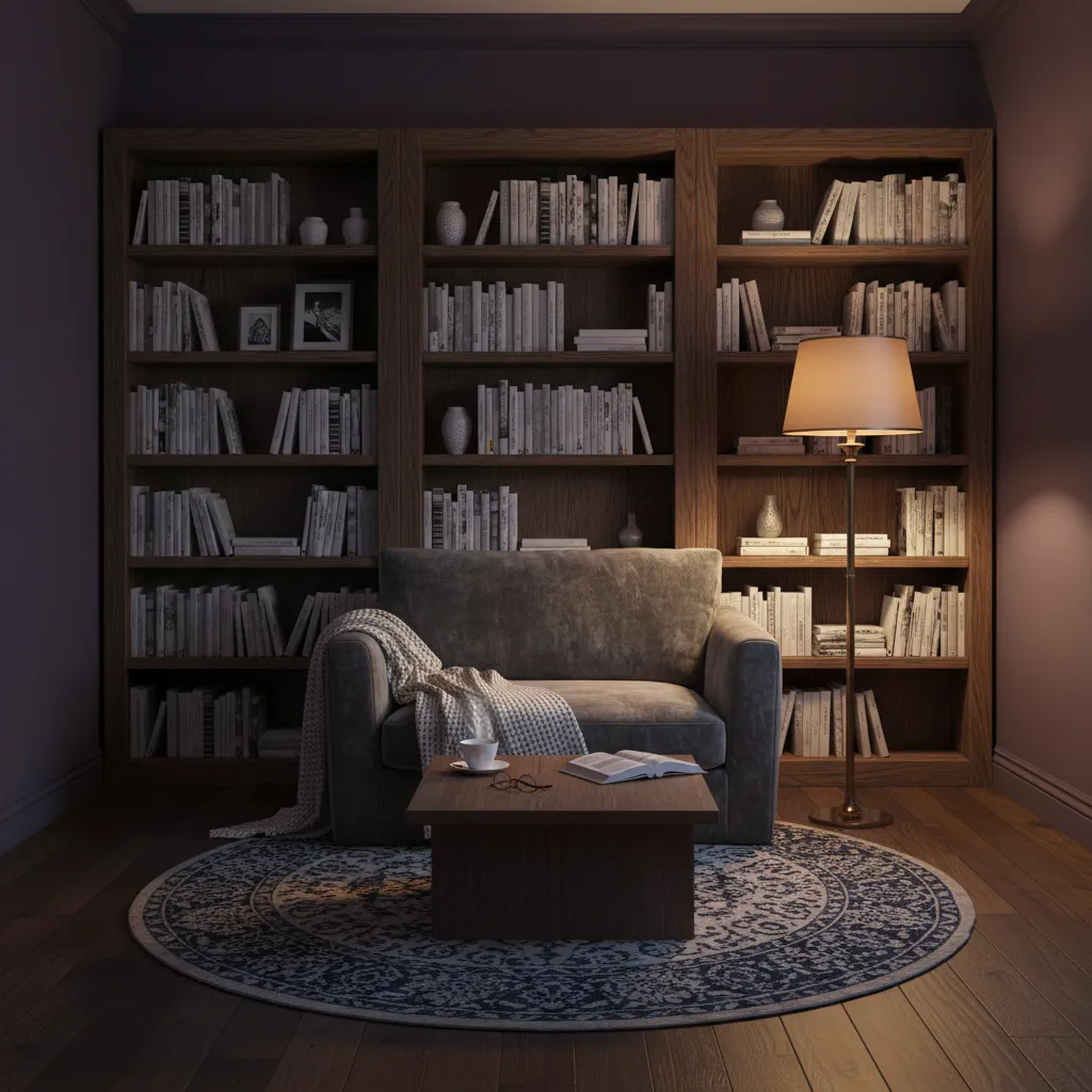 cozy reading room with deep plum purple walls and warm lighting