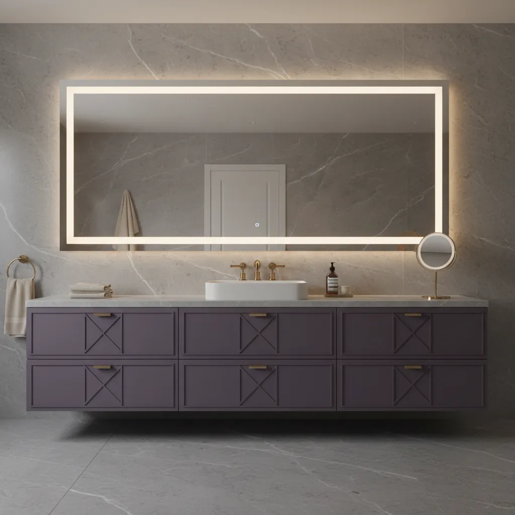 Plum vanity cabinet paired with gray marble bathroom walls