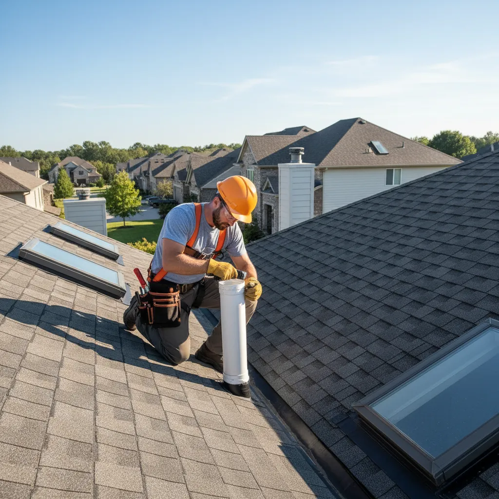 Plumber inspecting roof plumbing vent to clear blockage