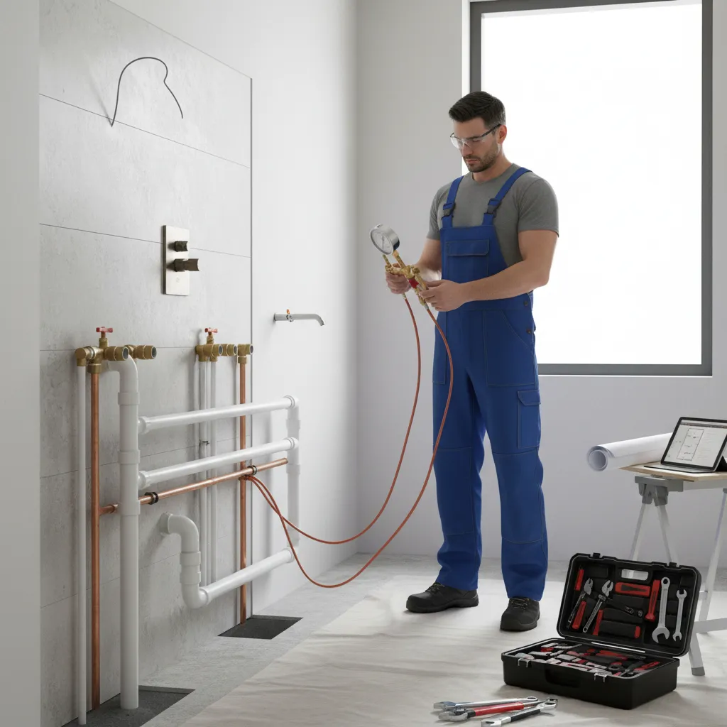 Professional plumber performing pressure test on bathroom plumbing pipes