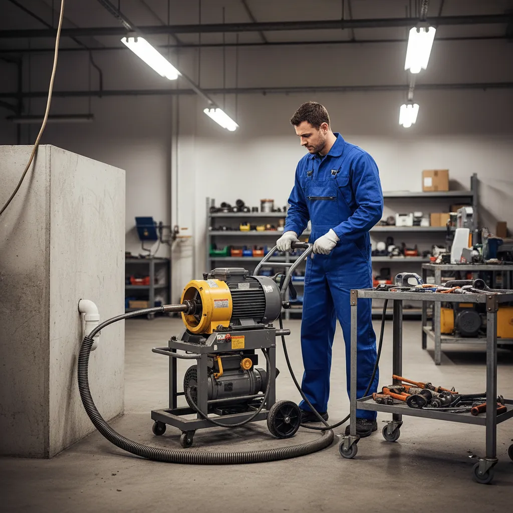 Professional plumber using motorized drain auger to clear horizontal pipe blockage