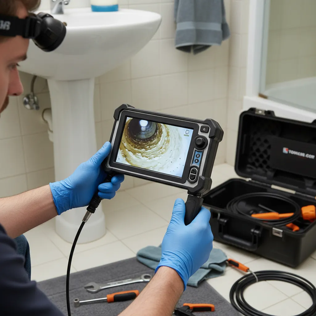plumbing camera inspection inside bathroom drain pipe showing buildup