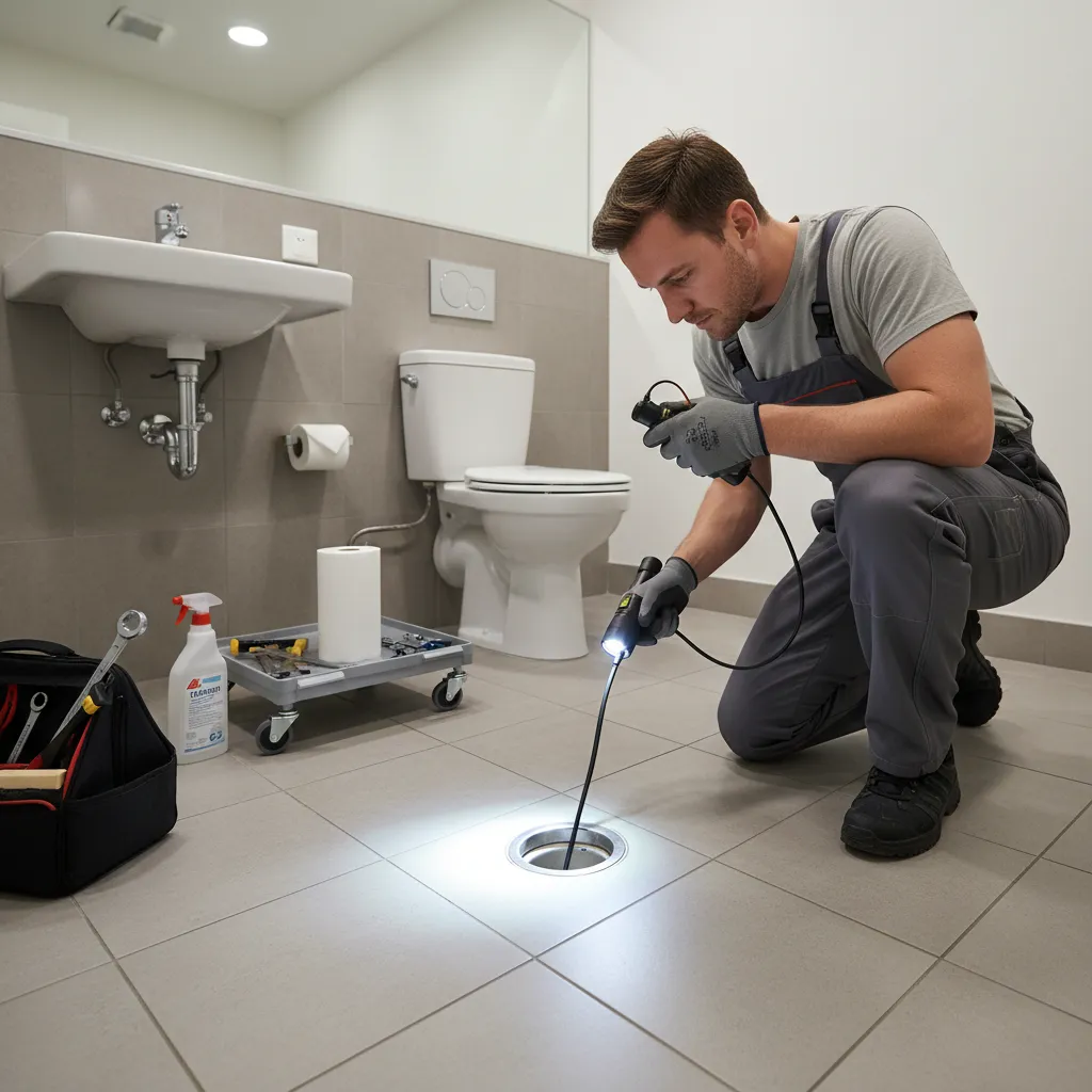 maintenance worker inspecting bathroom drain in apartment building