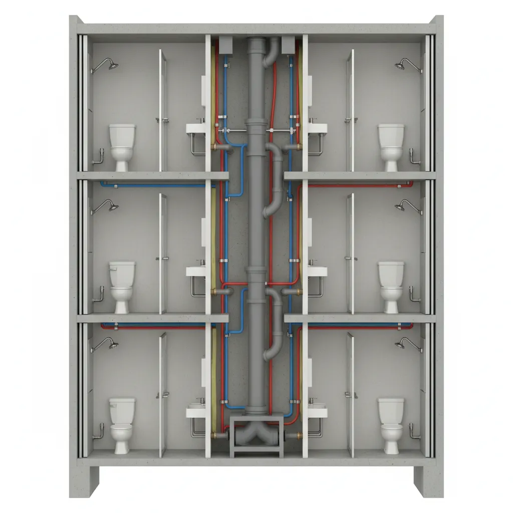 Cross section view of apartment plumbing stack showing connected bathroom pipes between floors