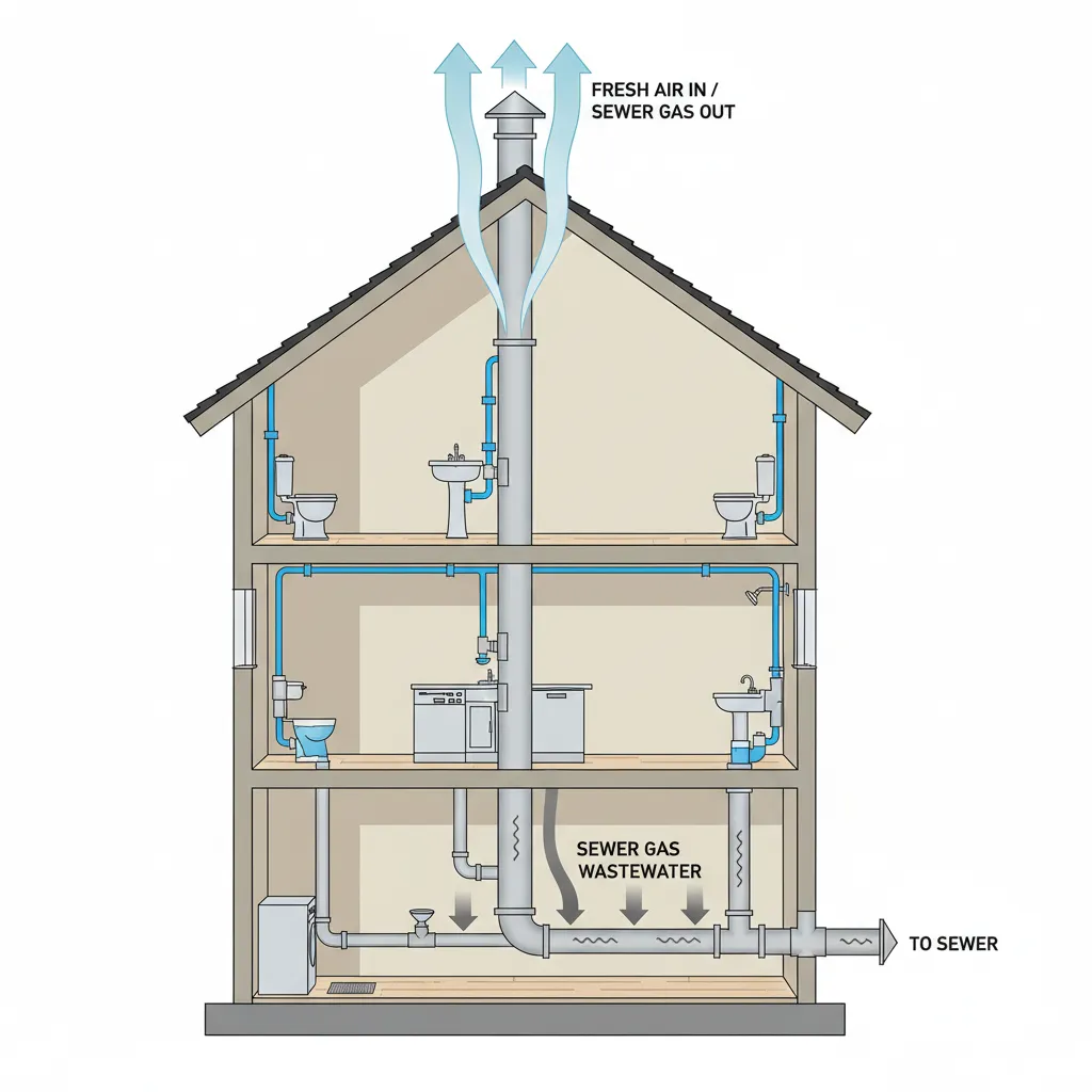 Illustration of plumbing vent airflow preventing sewer gas from entering a home