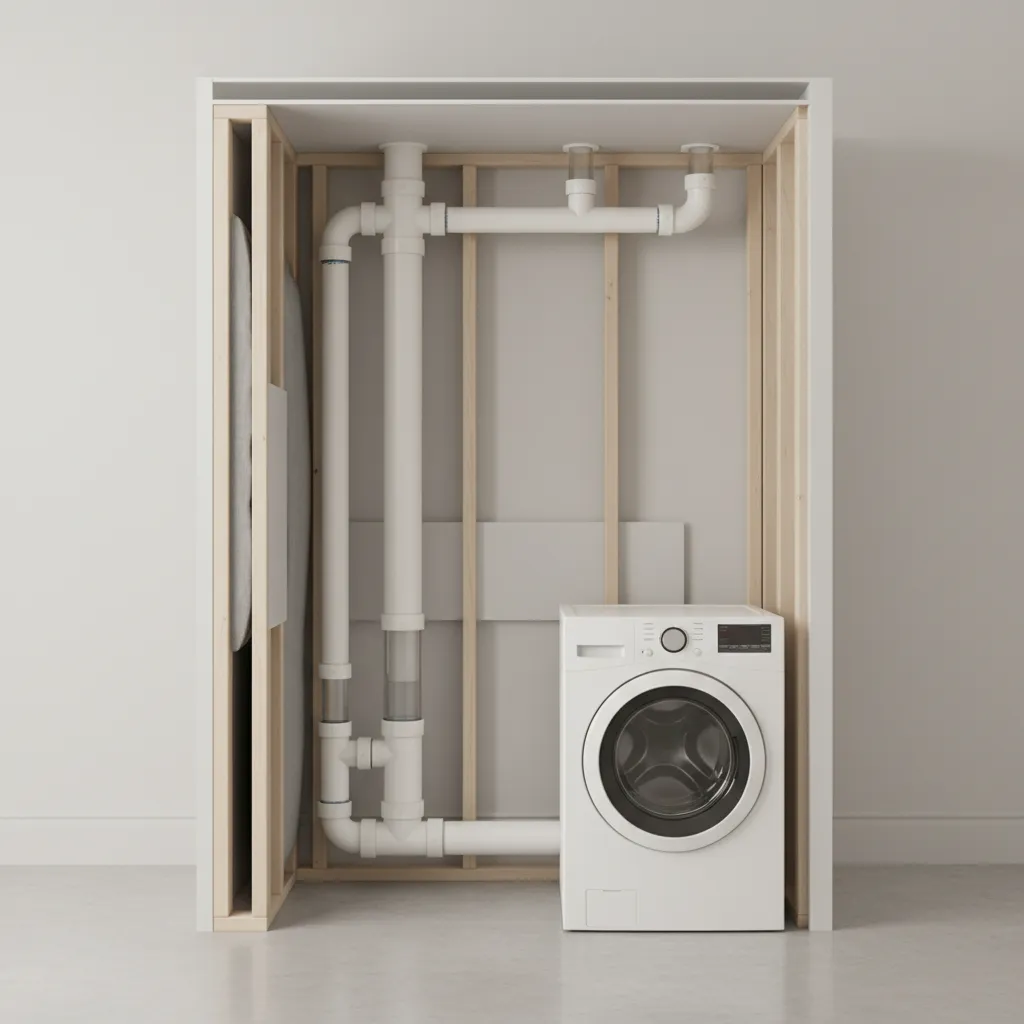 Simplified plumbing vent and washing machine drain system layout showing sewer gas path