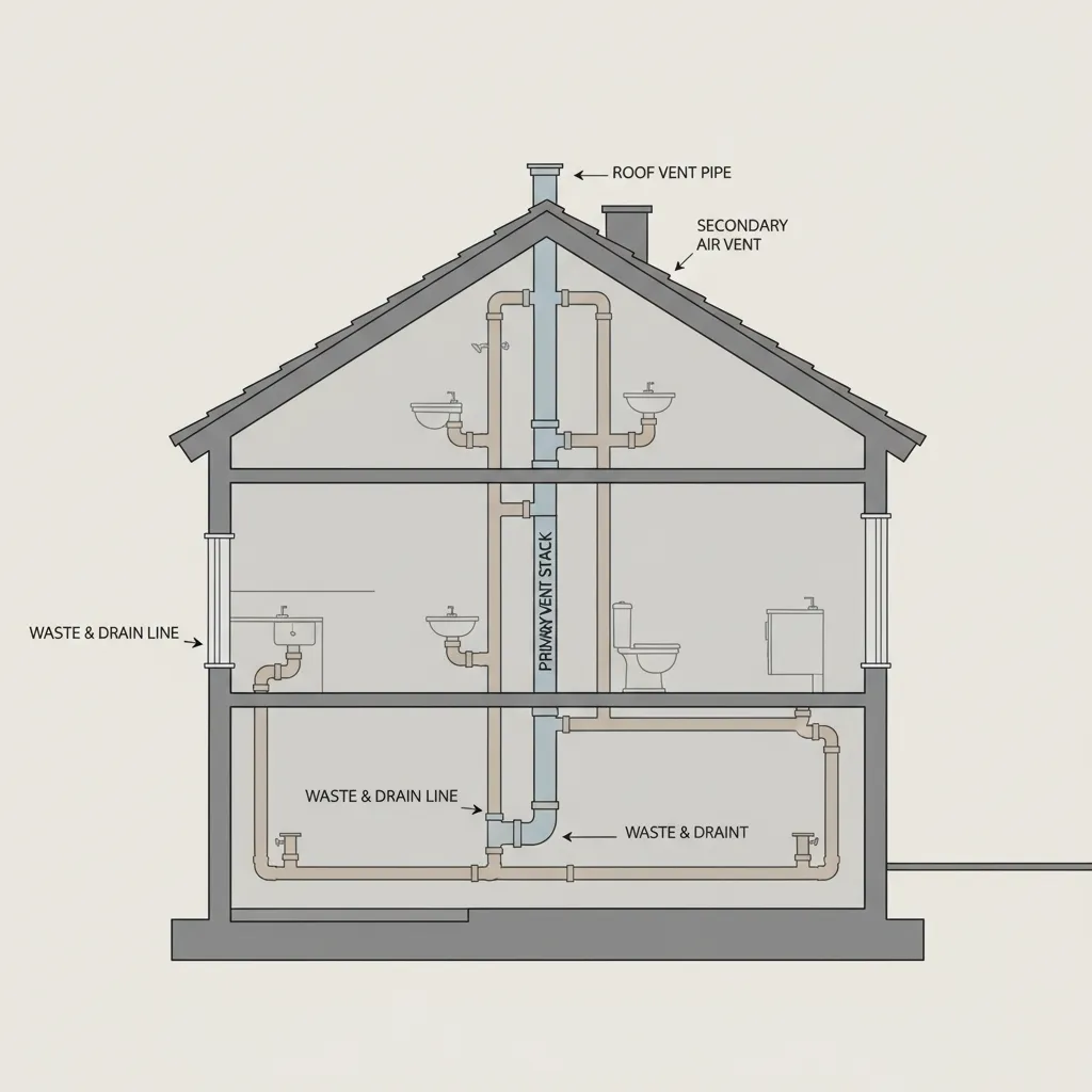 Cutaway diagram showing plumbing vent stack connecting drains to roof vent