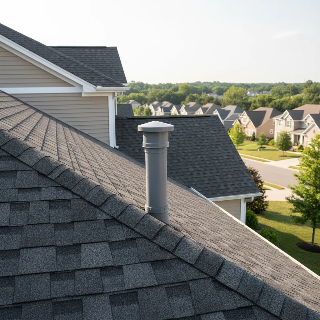 Residential roof plumbing vent stack with vent cap installed