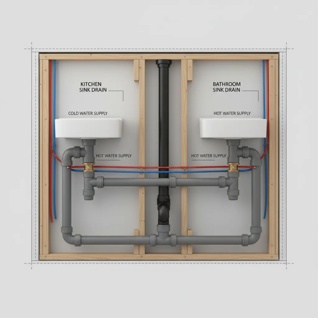 Interior plumbing wall diagram showing kitchen sink and bathroom sink sharing pipes