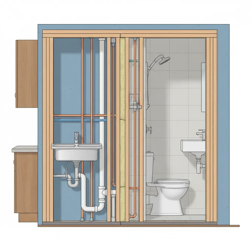 Interior wall cutaway showing kitchen and bathroom pipes and drainage lines