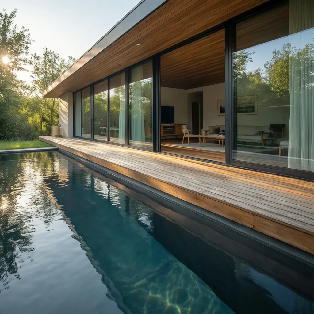 Pequeña plunge pool junto a terraza moderna con puertas de cristal