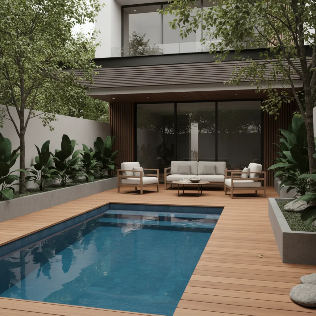 Mini piscina plunge pool en jardín pequeño moderno