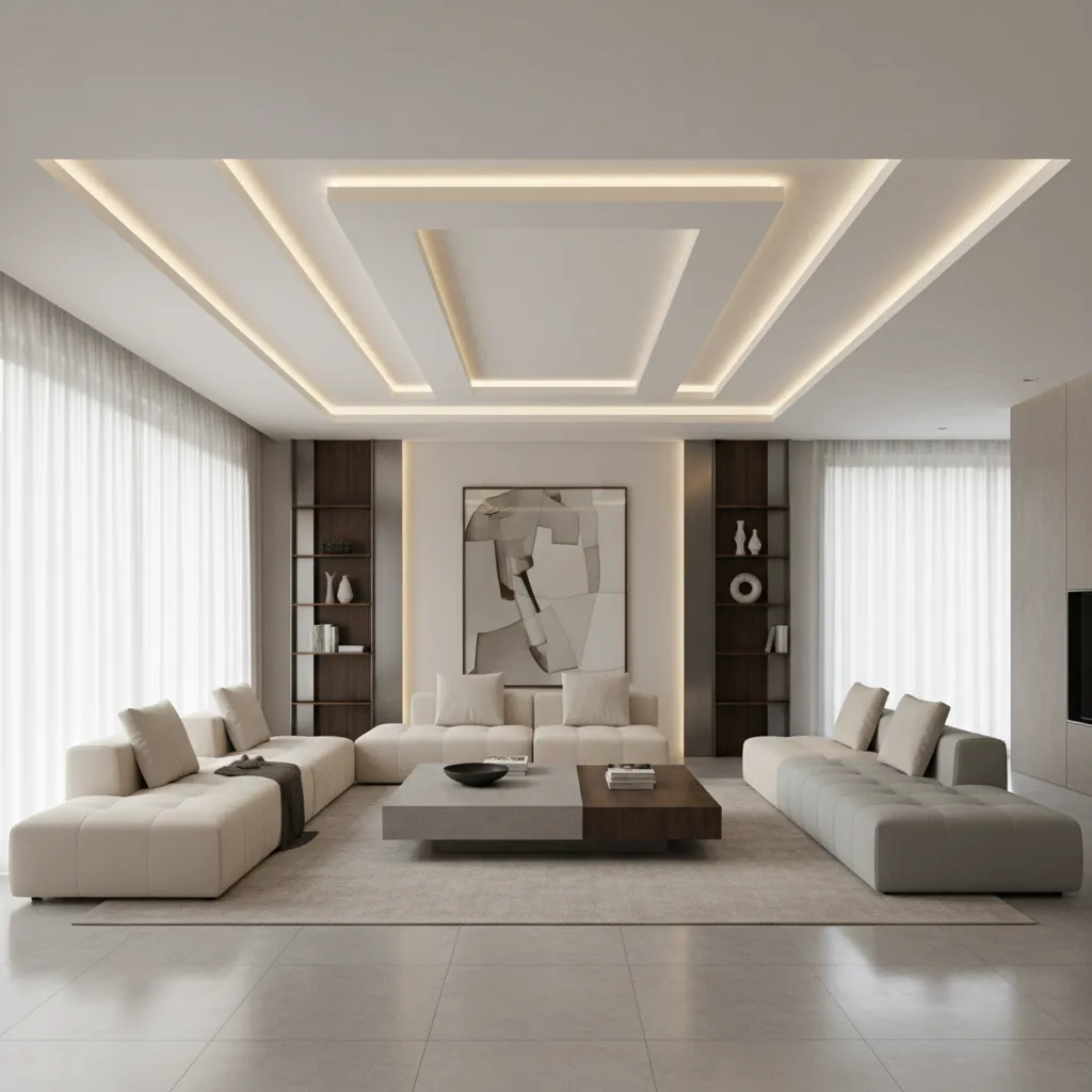 Living room showing layered plus minus ceiling design with recessed lighting