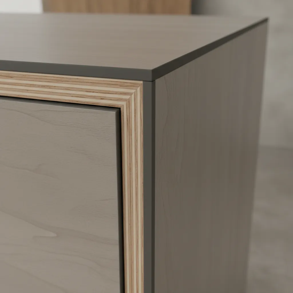 Close view of PVC edge banding protecting plywood kitchen cabinet panels