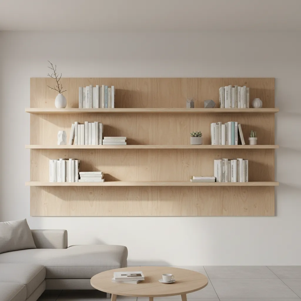 minimal plywood floating shelves installed on a living room wall