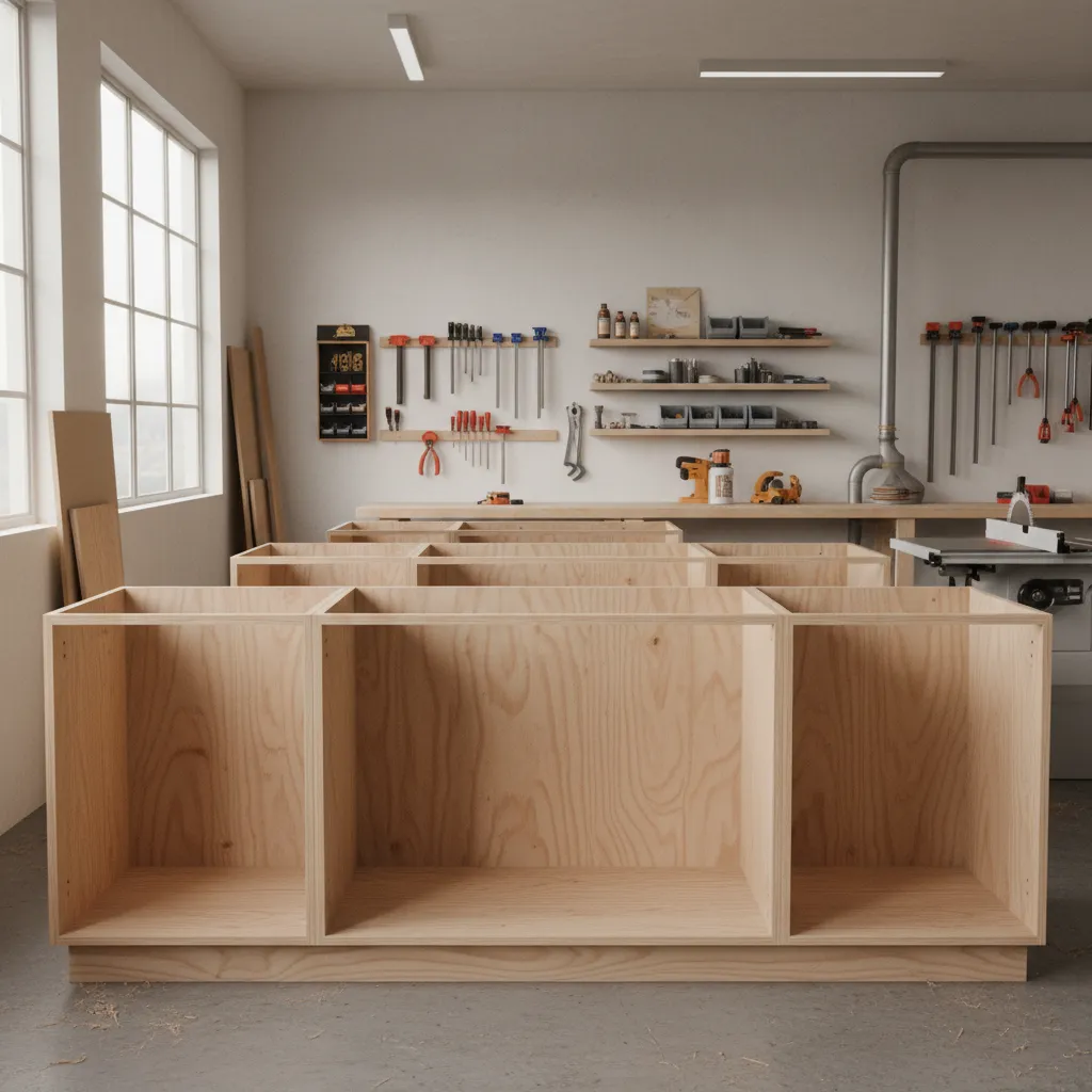 Unfinished plywood kitchen cabinet frames arranged in a bright workshop with various tools on walls