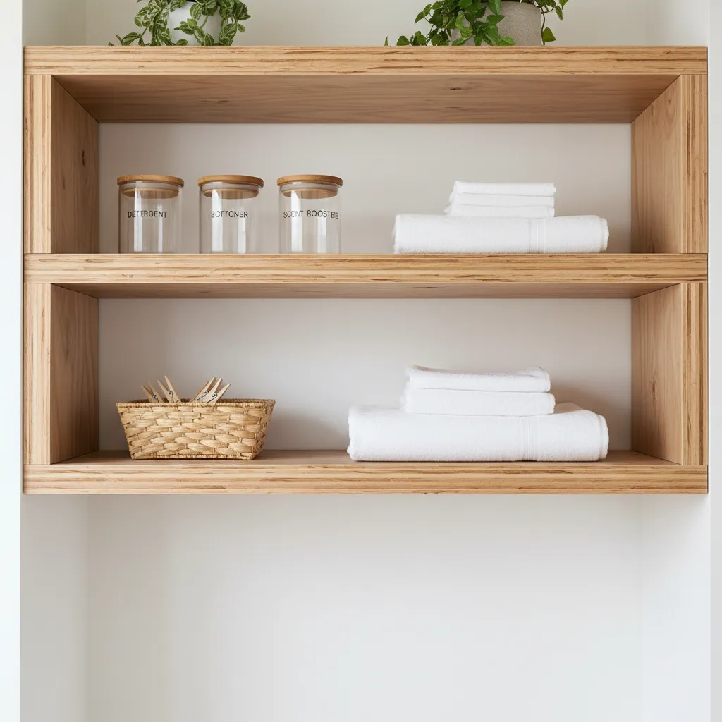 Close view of sealed plywood laundry room shelving