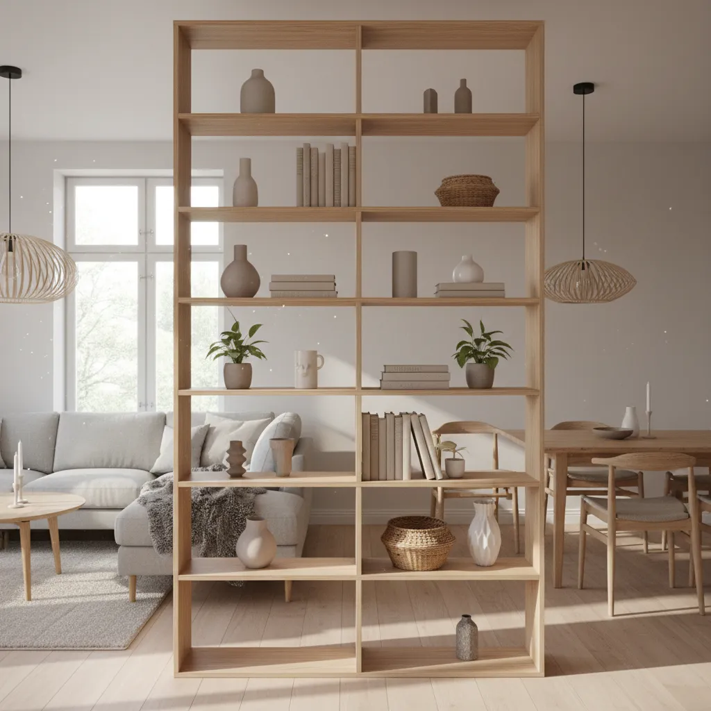 Open shelf plywood partition wall separating living and dining area