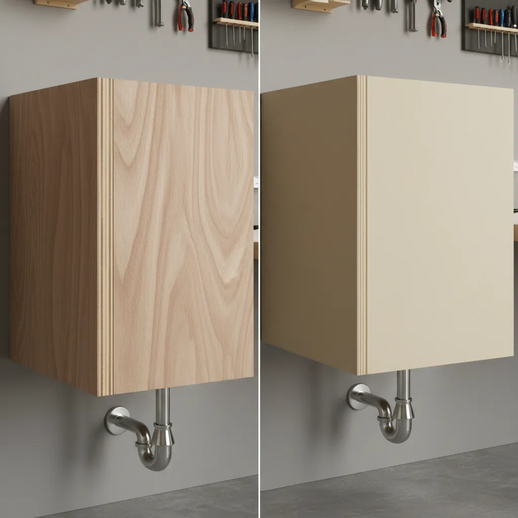 Comparison of plywood and MDF cabinet materials near kitchen sink