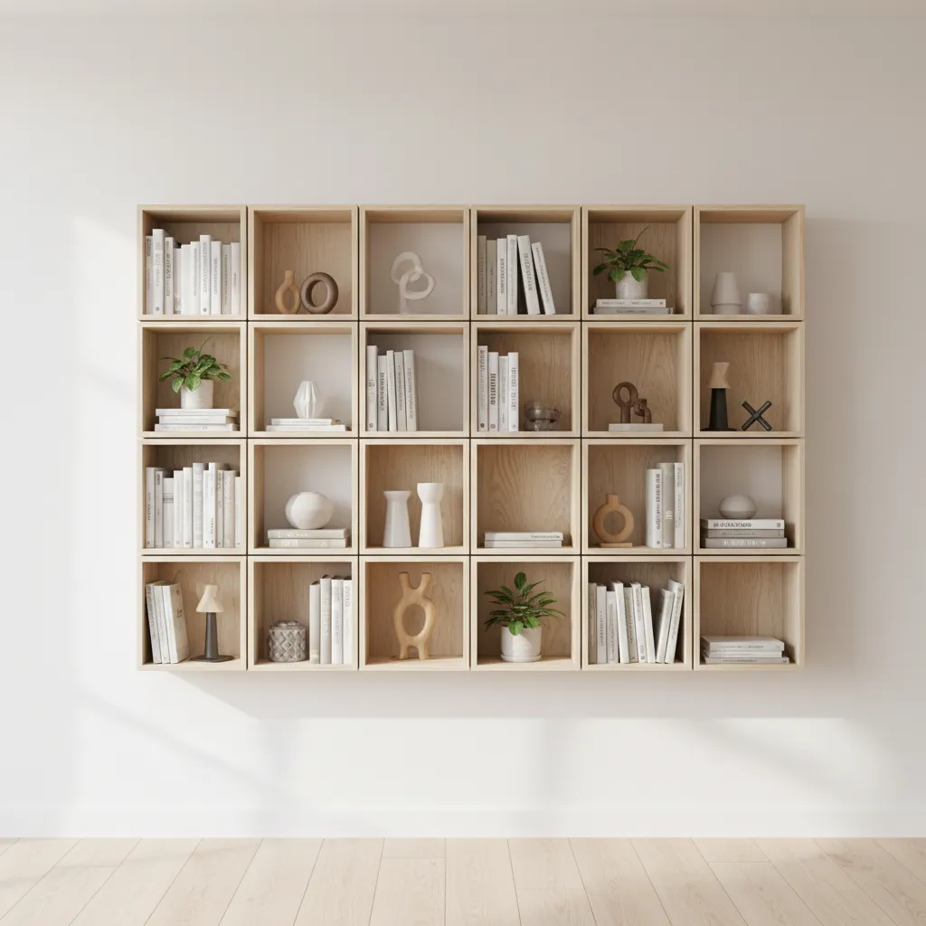 grid style plywood wall shelf layout used for organized storage