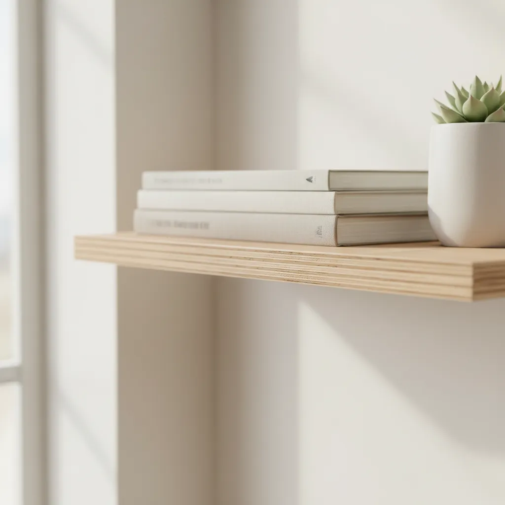 close up view showing plywood shelf thickness and layered edge detail