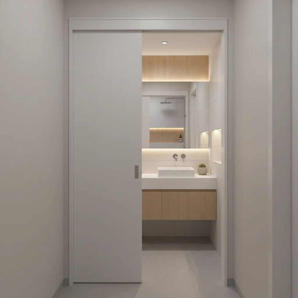 Small apartment bathroom entrance using pocket door to save space
