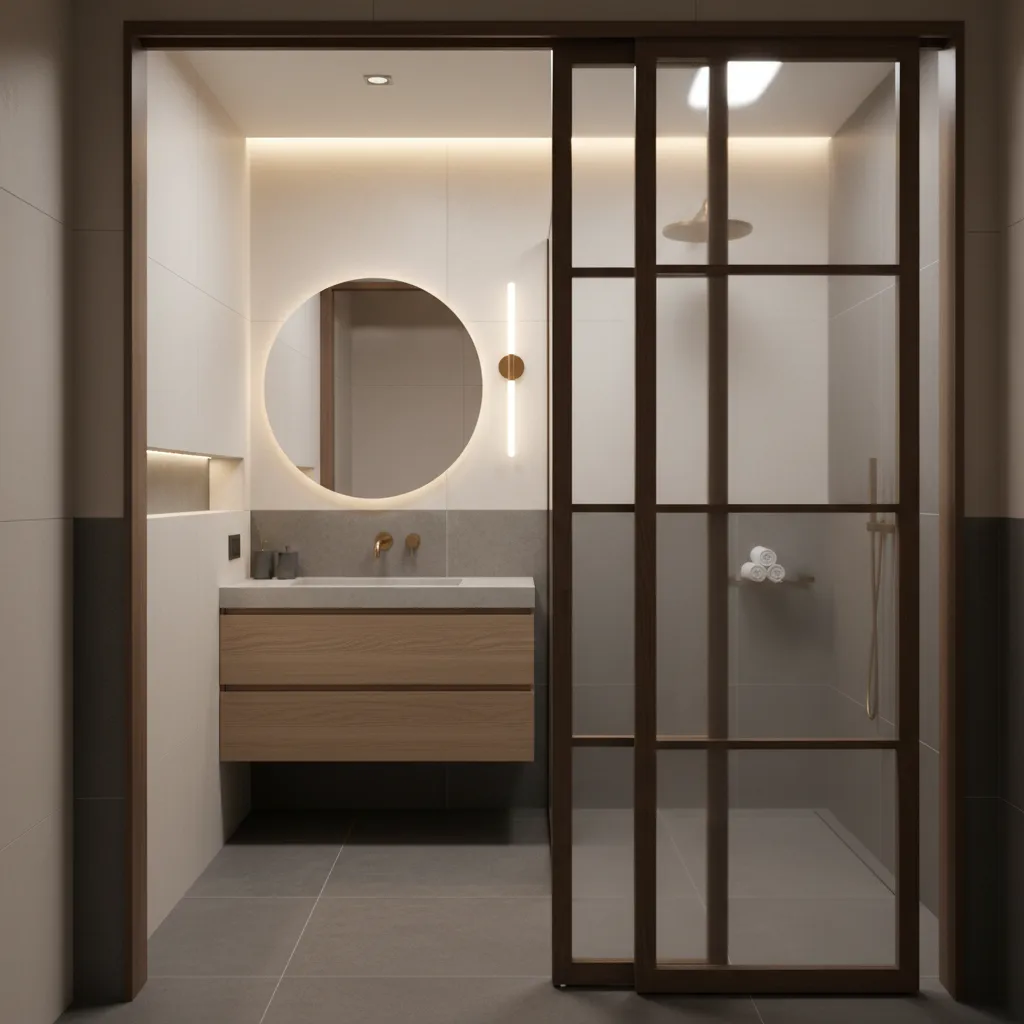 pocket door sliding into wall for a small bathroom